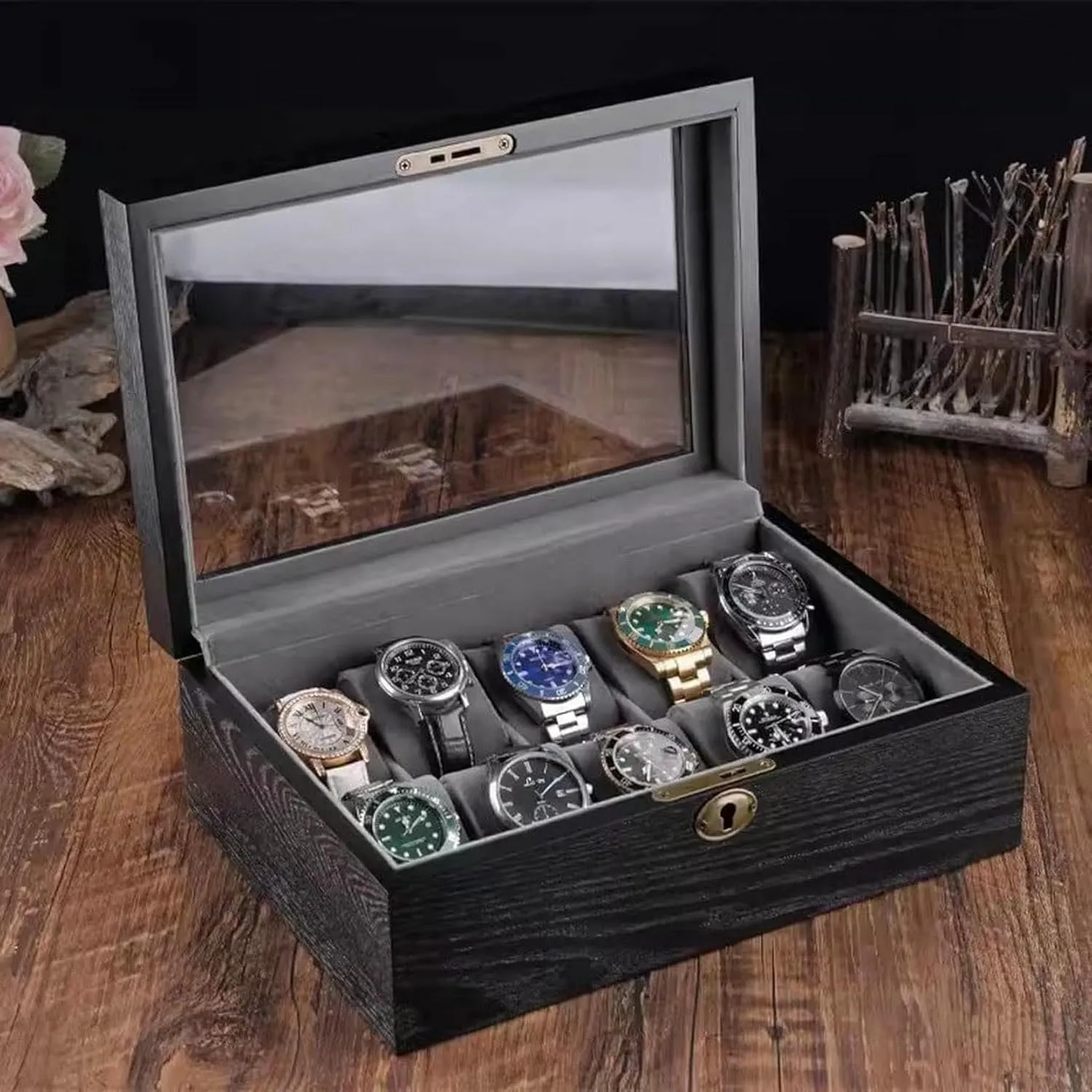 Wooden Watch Storage Box with Skylight Display & Lock - Jewelry Storage Box for Watches - Watch Display Box for Organizing & Security Box (A S29.5cm)