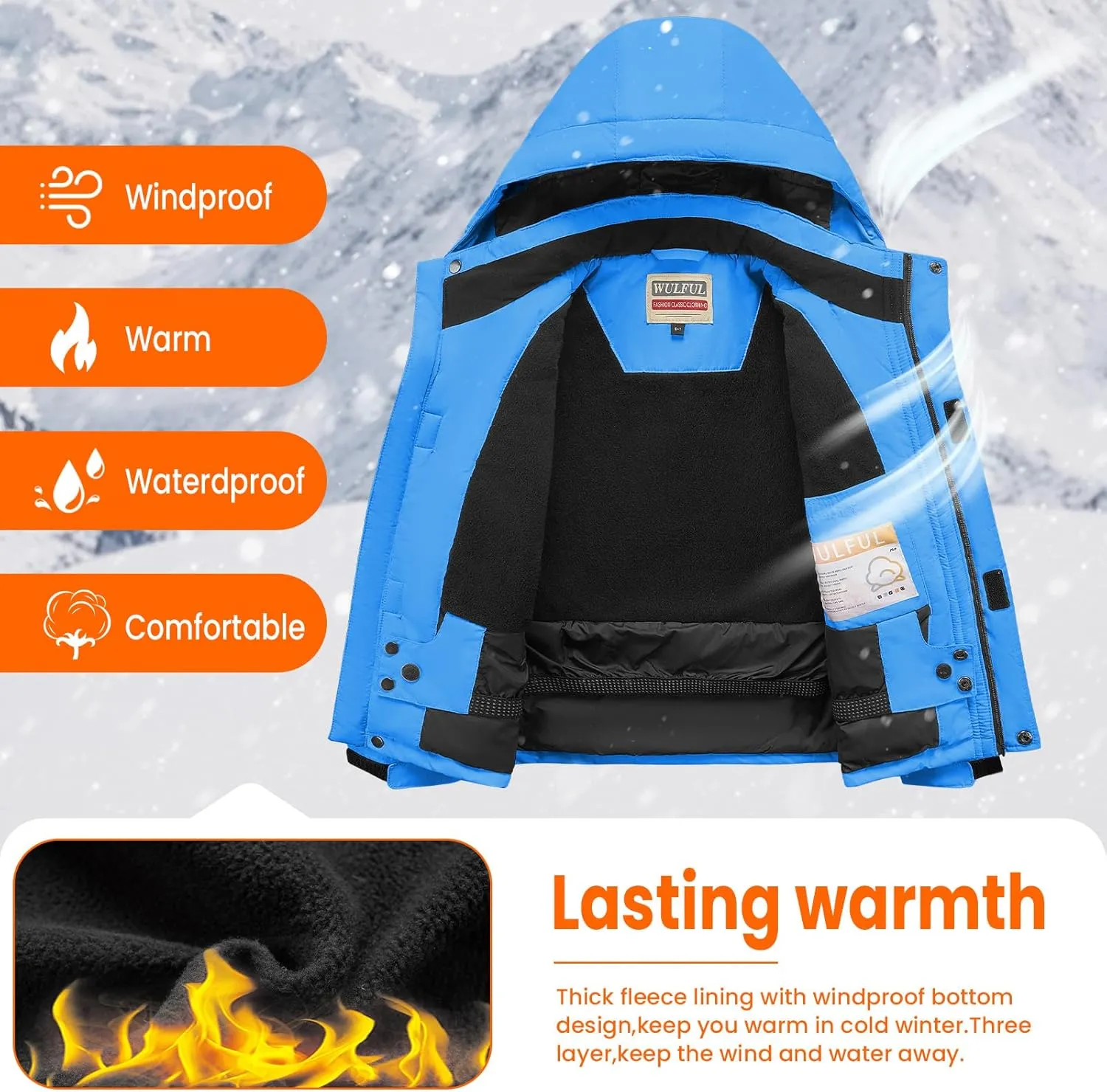 WULFUL Boy's Waterproof Ski Jacket Kids Winter Snow Coat Outdoor