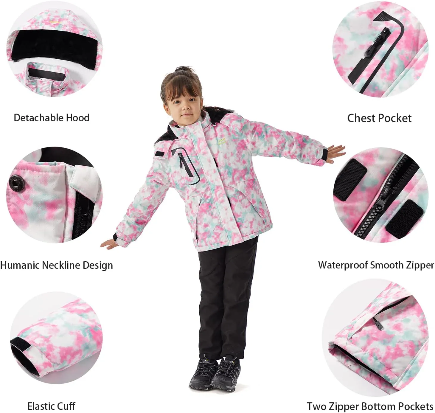 WULFUL Girl's Waterproof Ski Jacket Warm Fleece Hooded Winter Snow Coat
