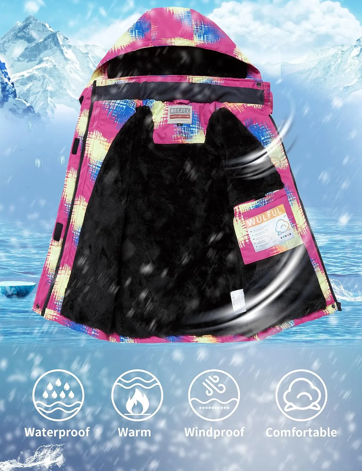 WULFUL Girl's Waterproof Ski Jacket Warm Fleece Hooded Winter Snow Coat
