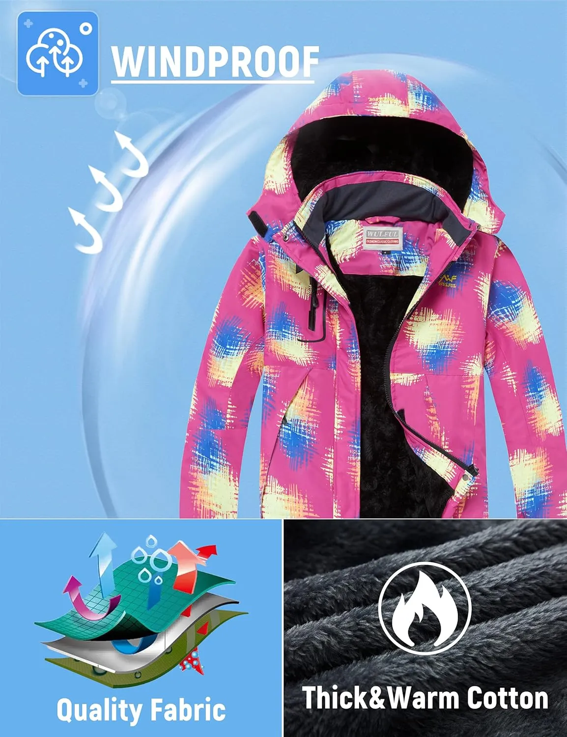 WULFUL Girl's Waterproof Ski Jacket Warm Fleece Hooded Winter Snow Coat