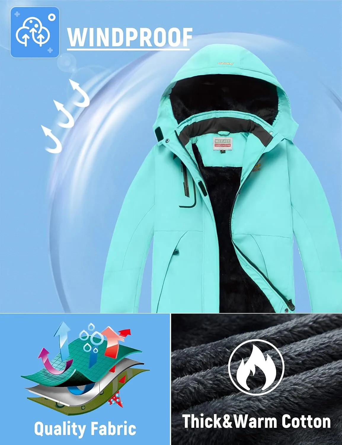 WULFUL Girl's Waterproof Ski Jacket Warm Fleece Hooded Winter Snow Coat