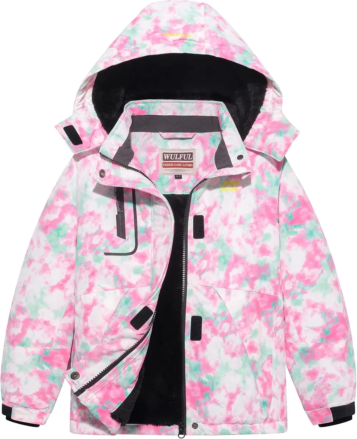 WULFUL Girl's Waterproof Ski Jacket Warm Fleece Hooded Winter Snow Coat