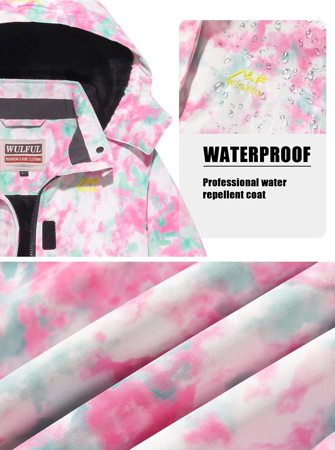 WULFUL Girl's Waterproof Ski Jacket Warm Fleece Hooded Winter Snow Coat