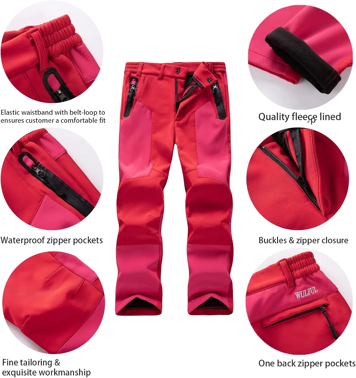 WULFUL Kids Waterproof Snow Ski Pants Boys Girls Outdoor Winter Fleece Hiking Insulated Snowboard Pants