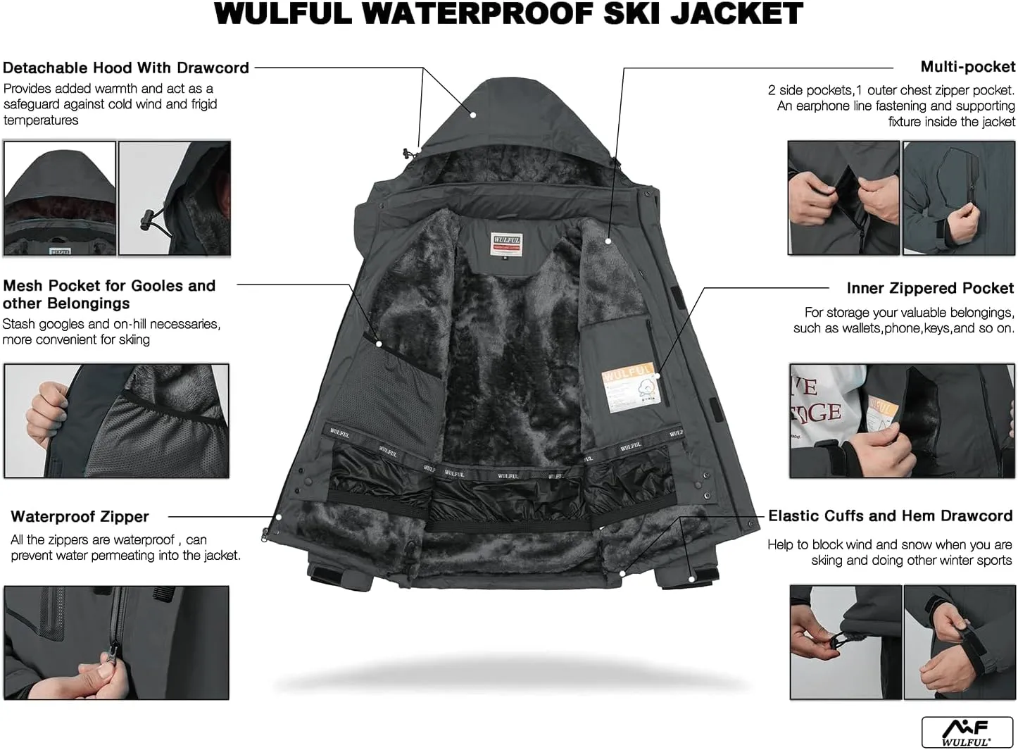 WULFUL Men's Waterproof Ski Jacket Warm Winter Snow Coat Mountain Windbreaker