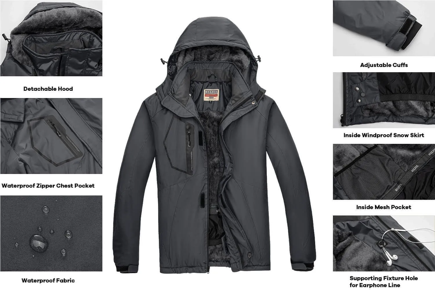 WULFUL Men's Waterproof Ski Jacket Warm Winter Snow Coat Mountain Windbreaker