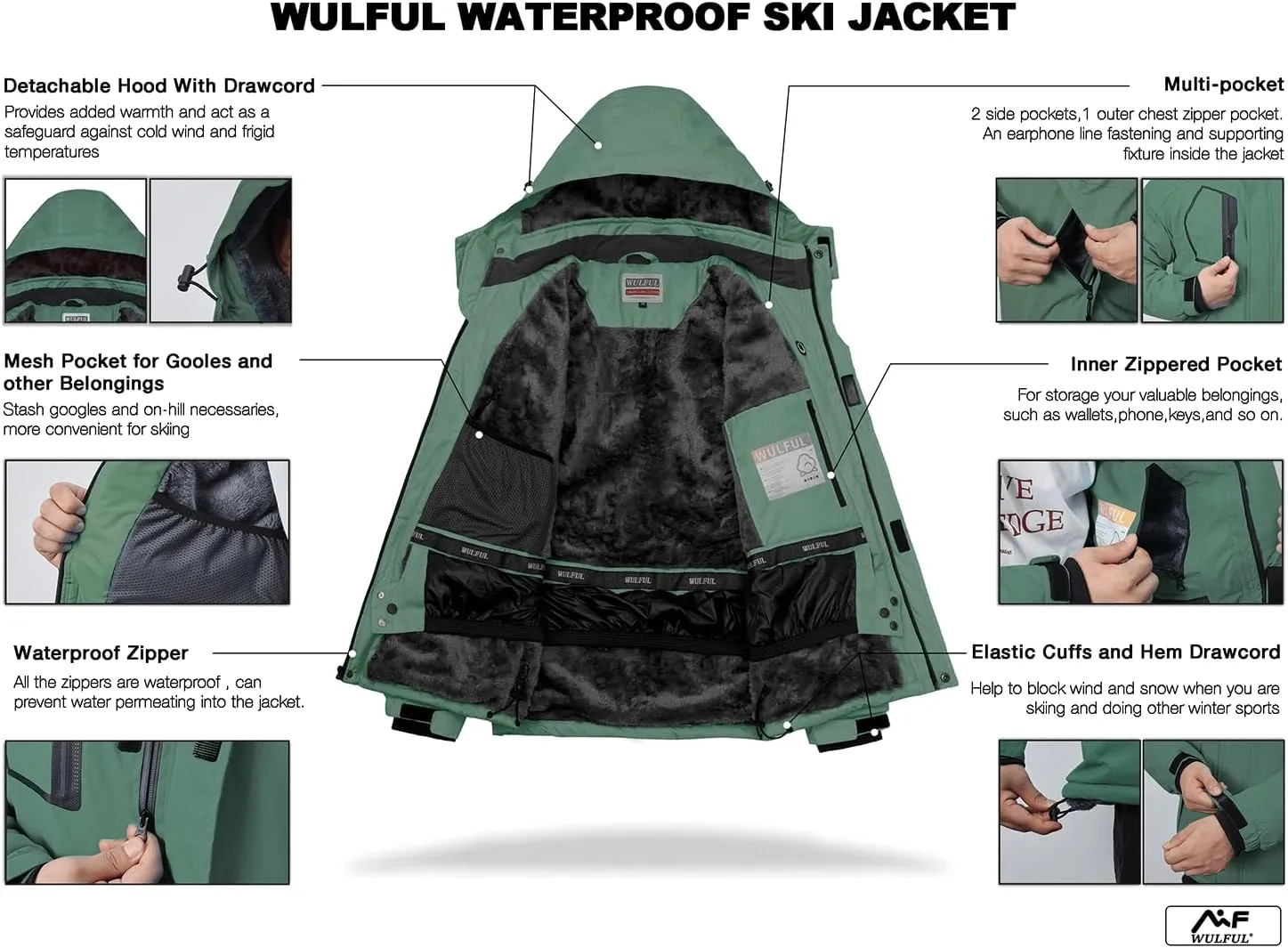 WULFUL Men's Waterproof Ski Jacket Warm Winter Snow Coat Mountain Windbreaker