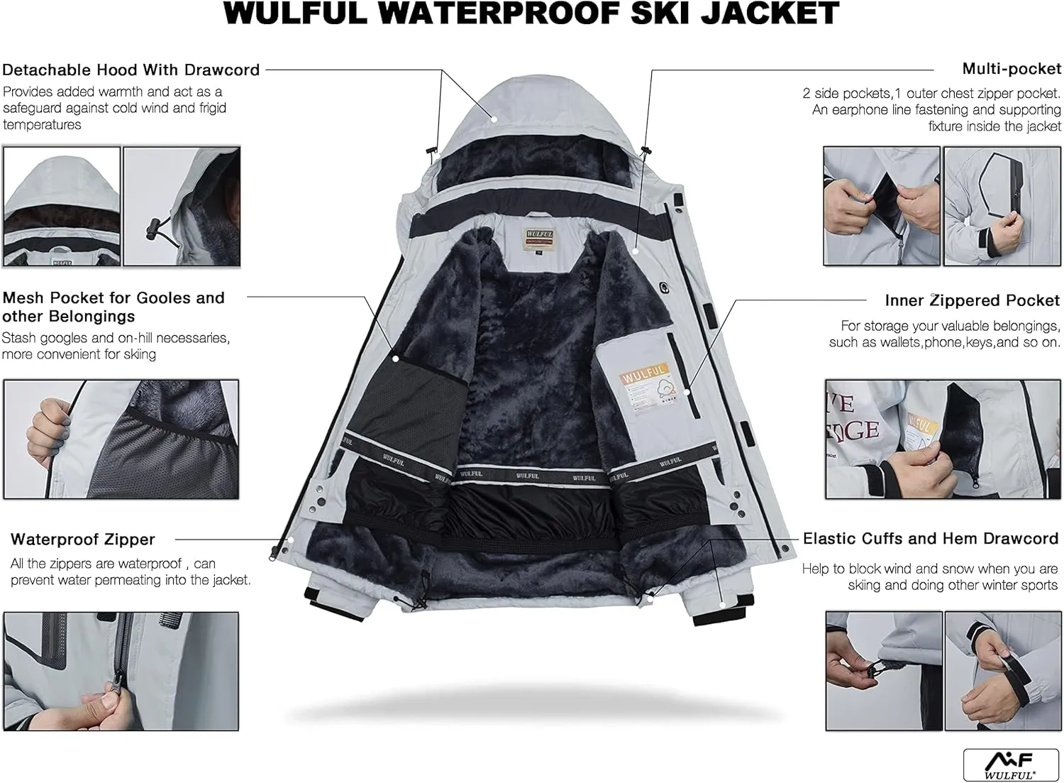WULFUL Men's Waterproof Ski Jacket Warm Winter Snow Coat Mountain Windbreaker