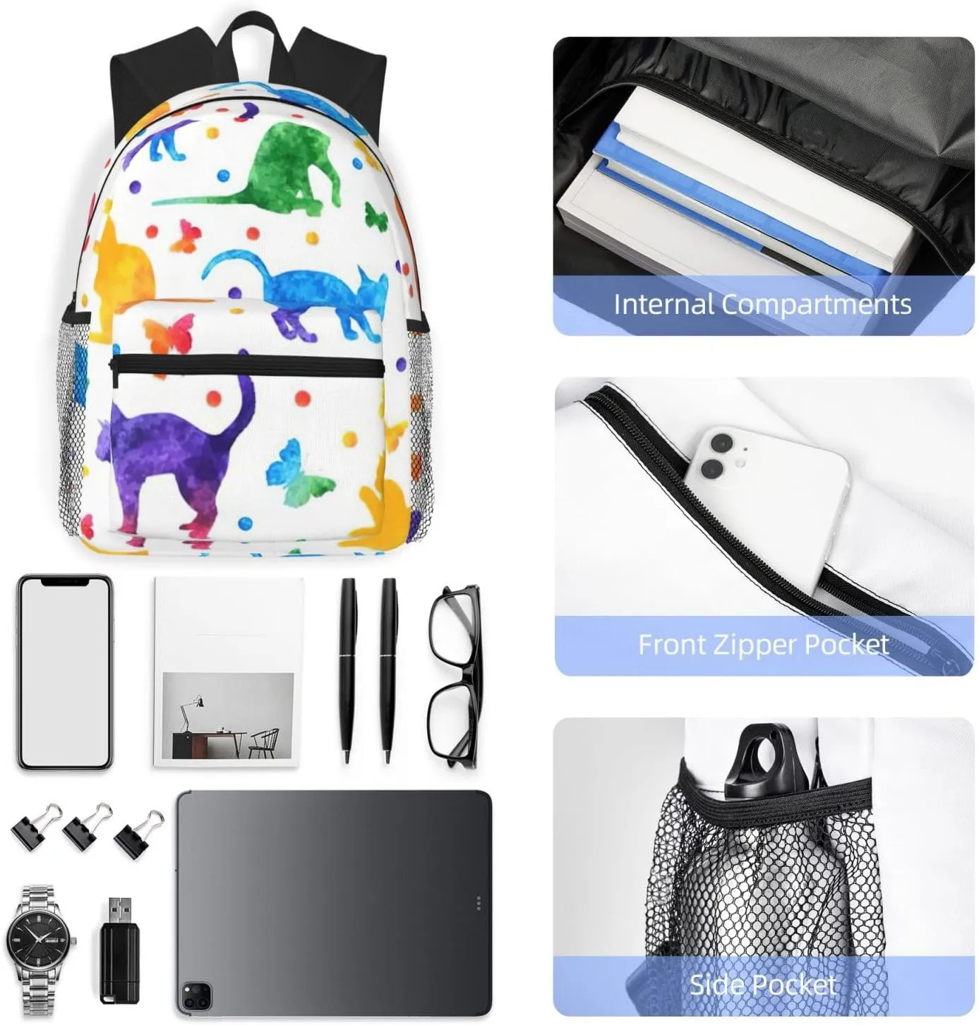 WURTON Butterfly Polka Dot And Cat Print Backpacks Casual,Pacious Compartments,Work,Travel,Outdoor Activities Unisex Daypacks