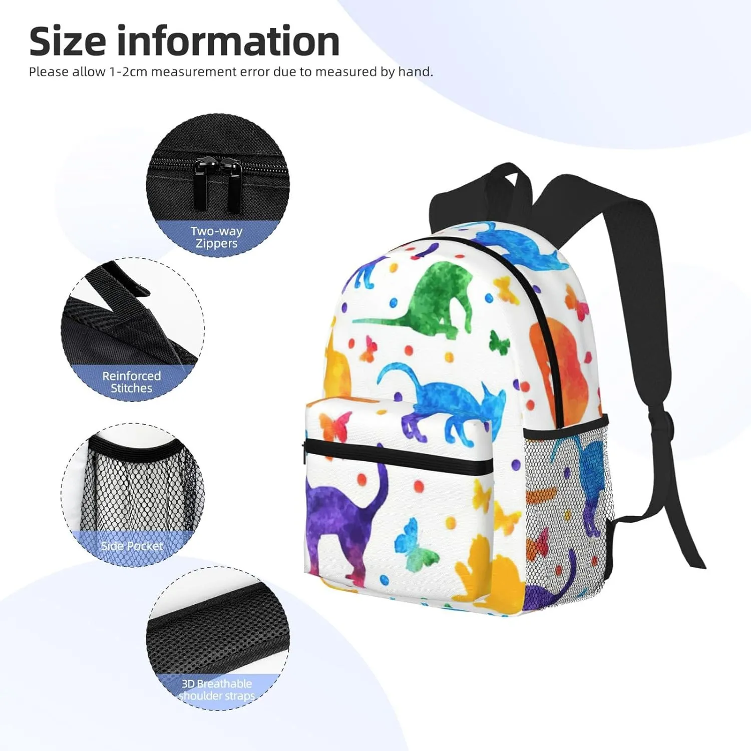 WURTON Butterfly Polka Dot And Cat Print Backpacks Casual,Pacious Compartments,Work,Travel,Outdoor Activities Unisex Daypacks