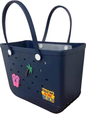 XL Waterproof Rubber Tote Beach Bag with Drainage Holes - Stylish Sandproof Carry-All with Decorative Charms for Pool & Lake