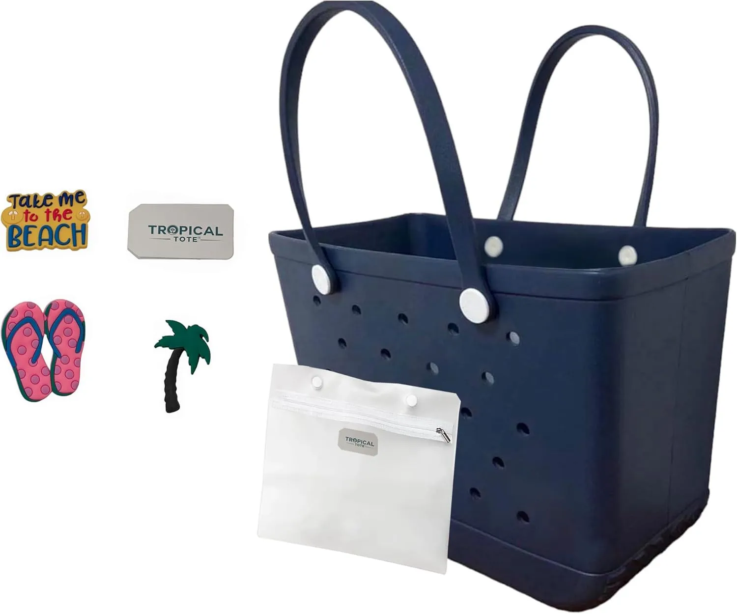XL Waterproof Rubber Tote Beach Bag with Drainage Holes - Stylish Sandproof Carry-All with Decorative Charms for Pool & Lake