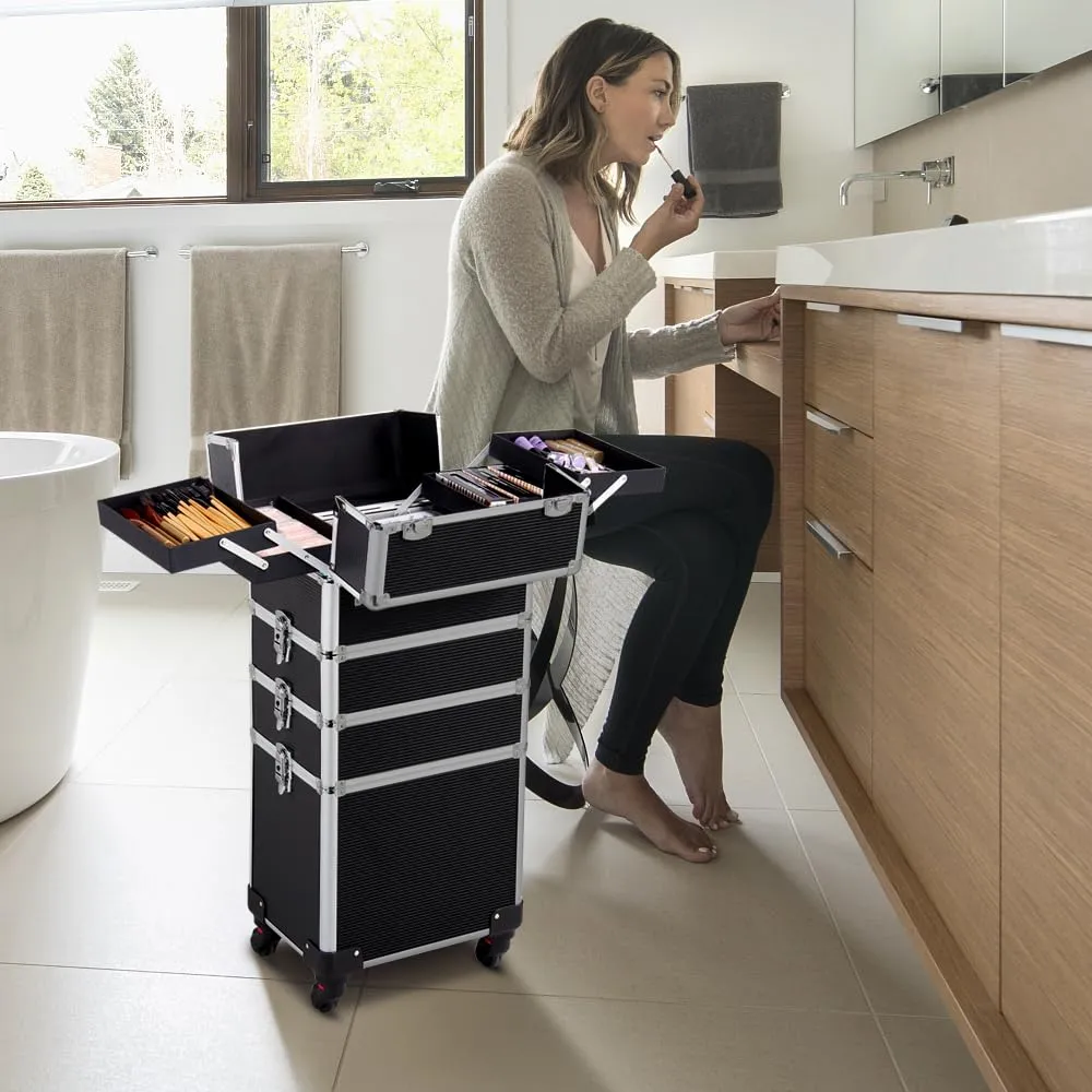 Yaheetech Professional Makeup Train Case 4 in 1 Rolling Cosmetic Trolley Makeup Case Organizer Makeup Travel Case, with 4 Detachable Removable Wheels, Black