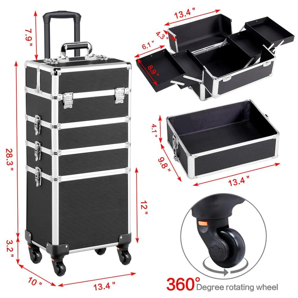 Yaheetech Professional Makeup Train Case 4 in 1 Rolling Cosmetic Trolley Makeup Case Organizer Makeup Travel Case, with 4 Detachable Removable Wheels, Black