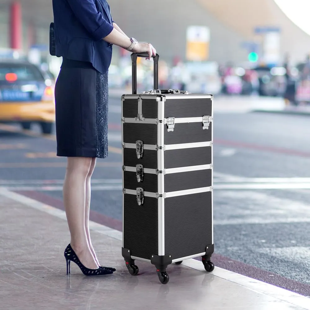 Yaheetech Professional Makeup Train Case 4 in 1 Rolling Cosmetic Trolley Makeup Case Organizer Makeup Travel Case, with 4 Detachable Removable Wheels, Black
