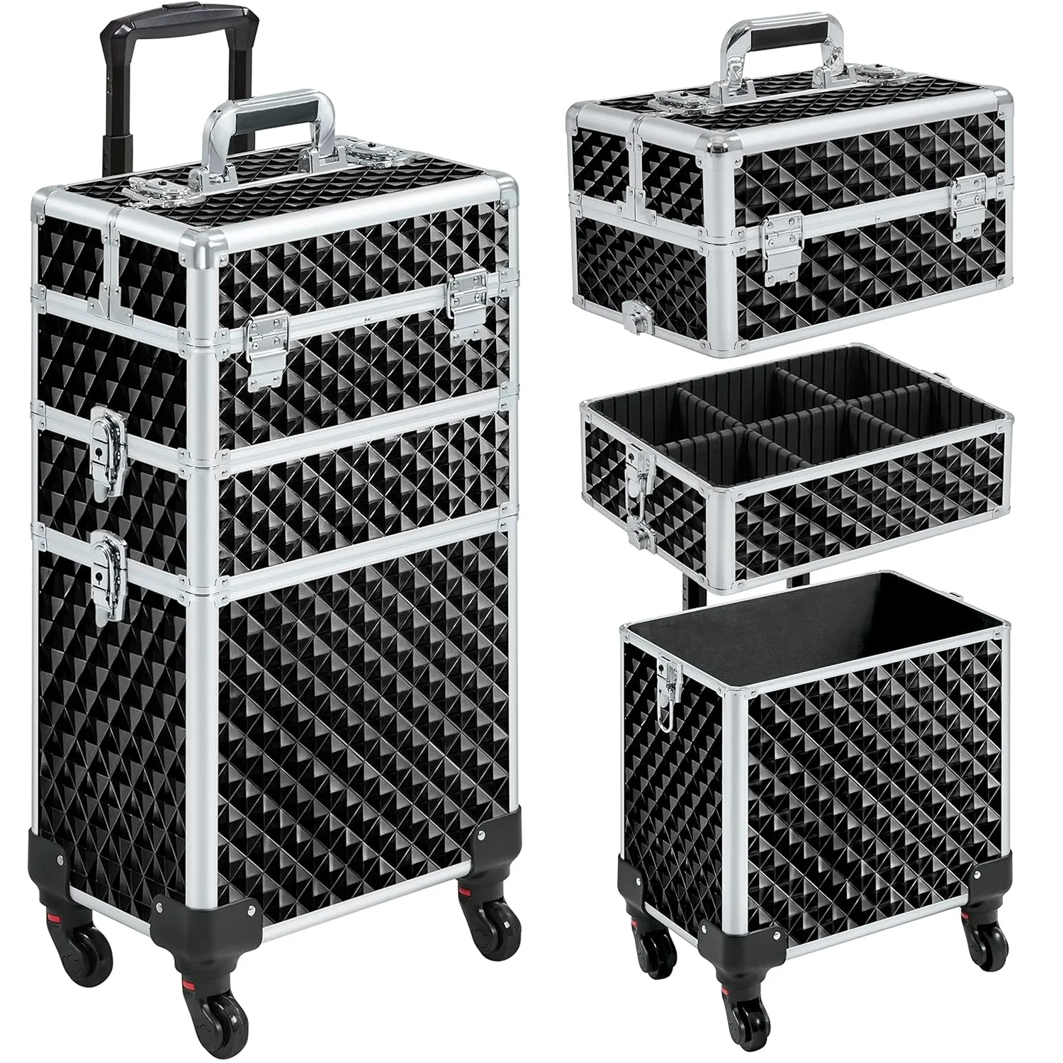 Yaheetech Rolling Makeup Train Case 3 in 1 Cosmetic Case Large Capacity Organizer with Swivel Wheels Key Cosmetic Trolley for Nail Tech Makeup - Black