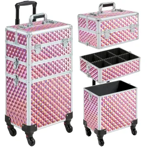 Yaheetech Rolling Makeup Train Case 3 in 1 Cosmetic Case Large Capacity Organizer with Swivel Wheels Key Cosmetic Trolley for Nail Tech Makeup - Pink
