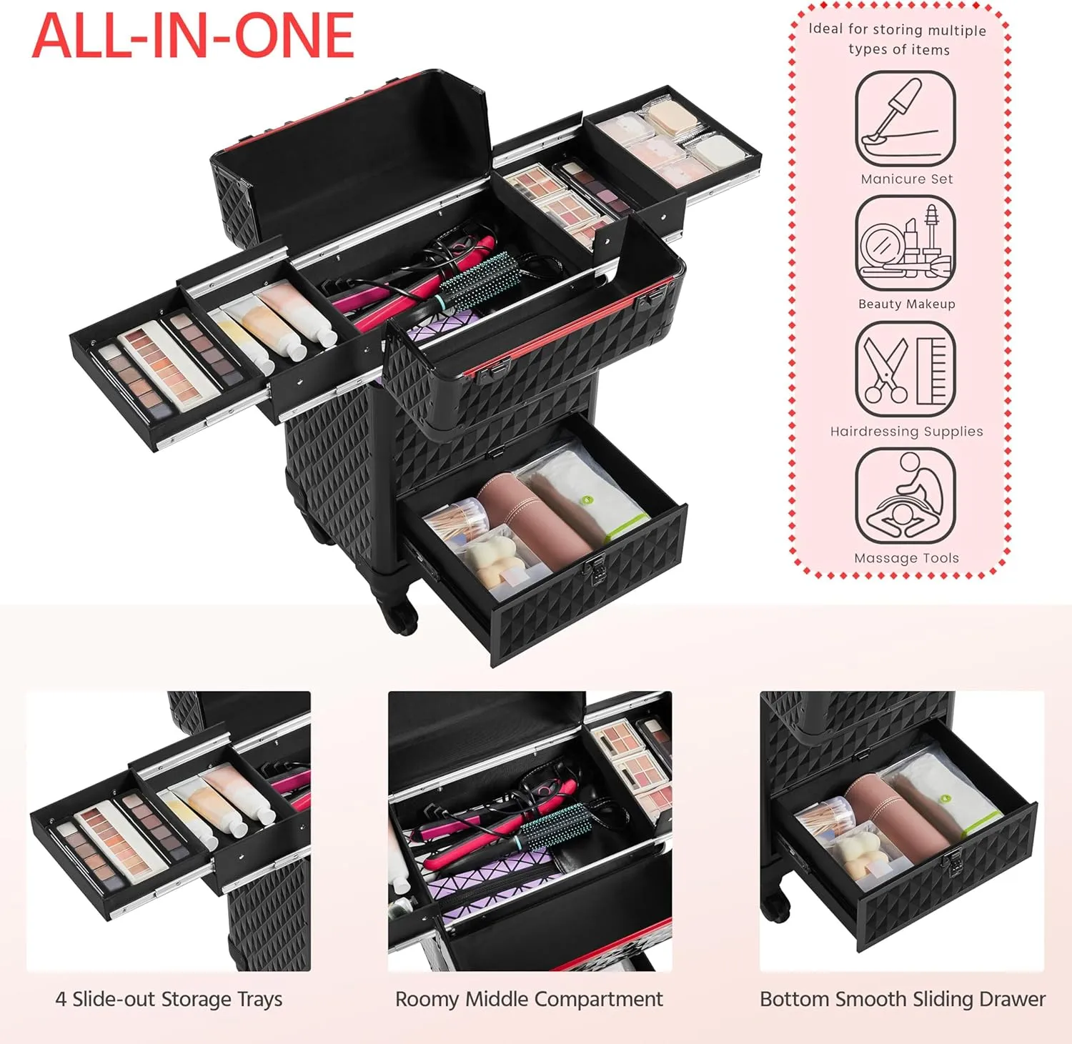 Yaheetech Rolling Makeup Train Case Aluminum Cosmetic Case with Wheels Barber Case Salon Lockable Travel Trolley with Sliding Drawers Removable Divider, Black/Red