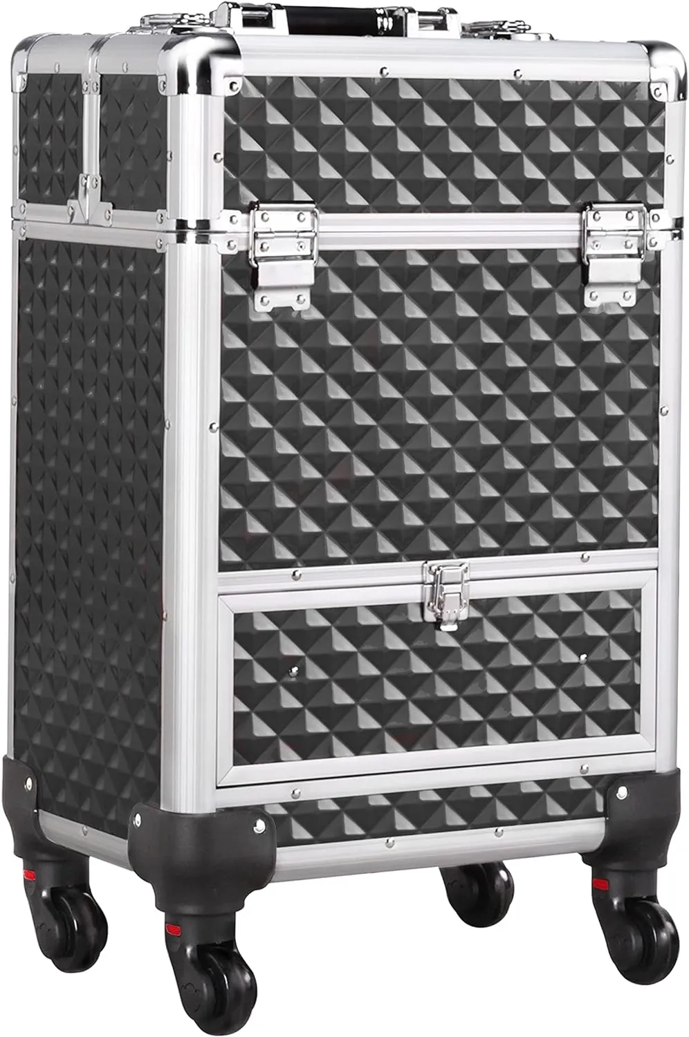 Yaheetech Rolling Makeup Train Case Aluminum Cosmetic Case with Wheels Barber Case Salon Lockable Travel Trolley with Sliding Drawers Removable Divider, Black/Silver
