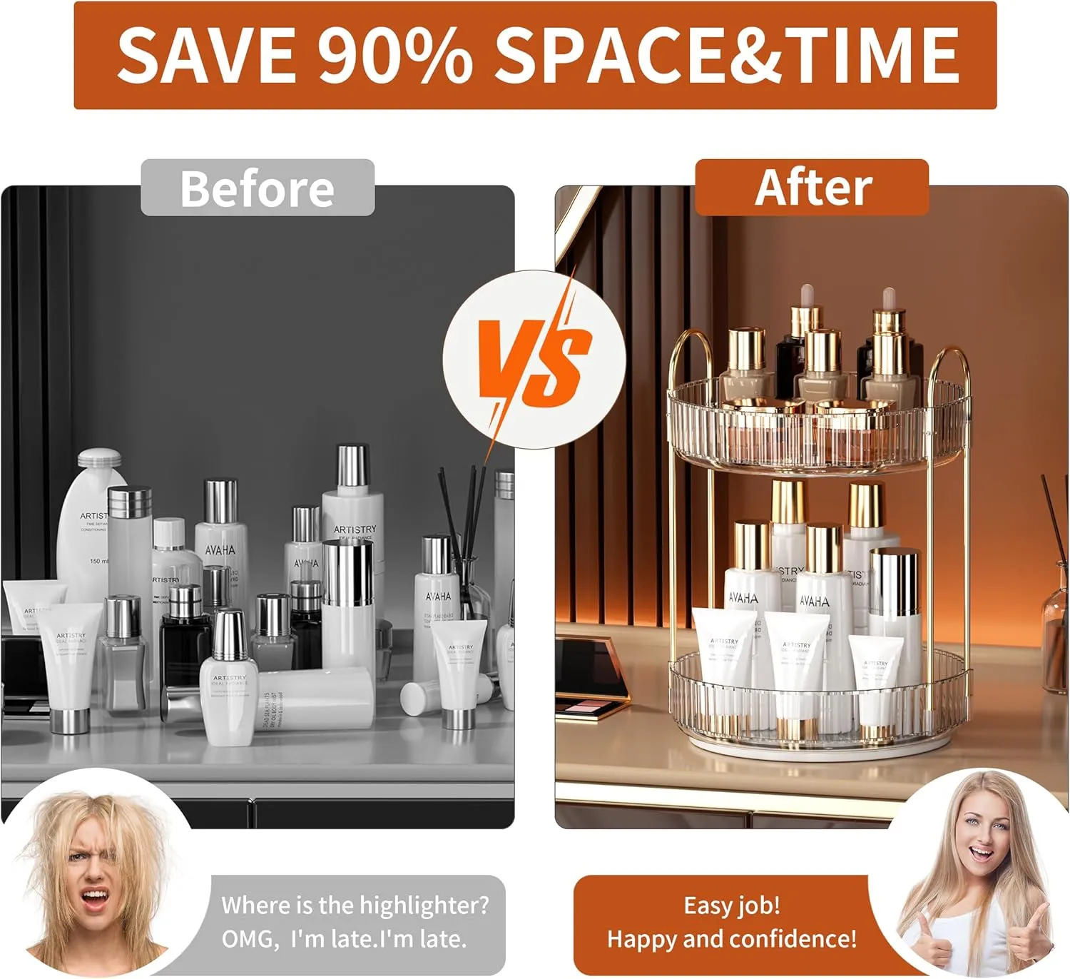 YCIA&DONE 360 Rotating Makeup Organizer and Storage for Vanity Bathroom Countertop, High Capacity Cosmetic Skincare Perfume Organizers for Dresser Lazy Susan (Clear White,2 Tiers)