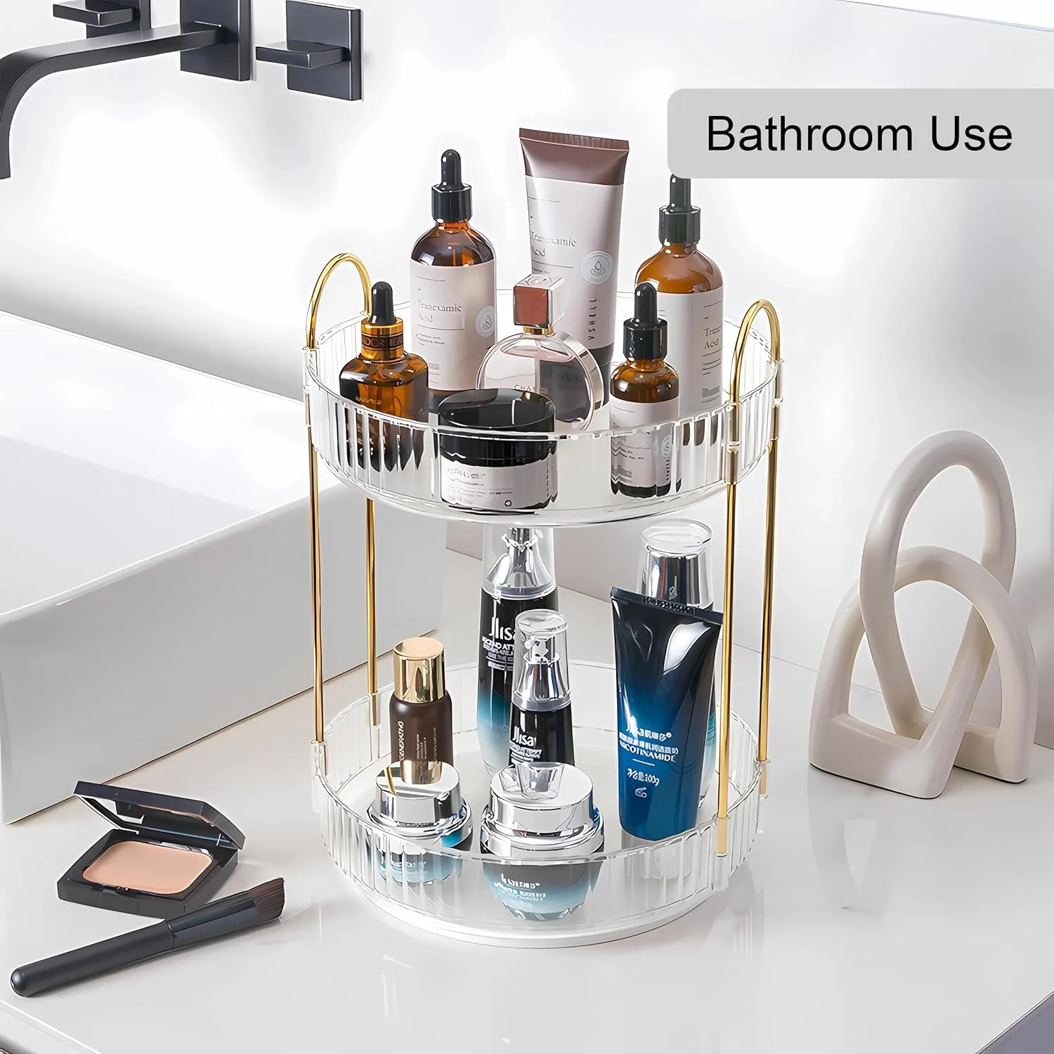 YCIA&DONE 360 Rotating Makeup Organizer and Storage for Vanity Bathroom Countertop, High Capacity Cosmetic Skincare Perfume Organizers for Dresser Lazy Susan (Clear White,2 Tiers)