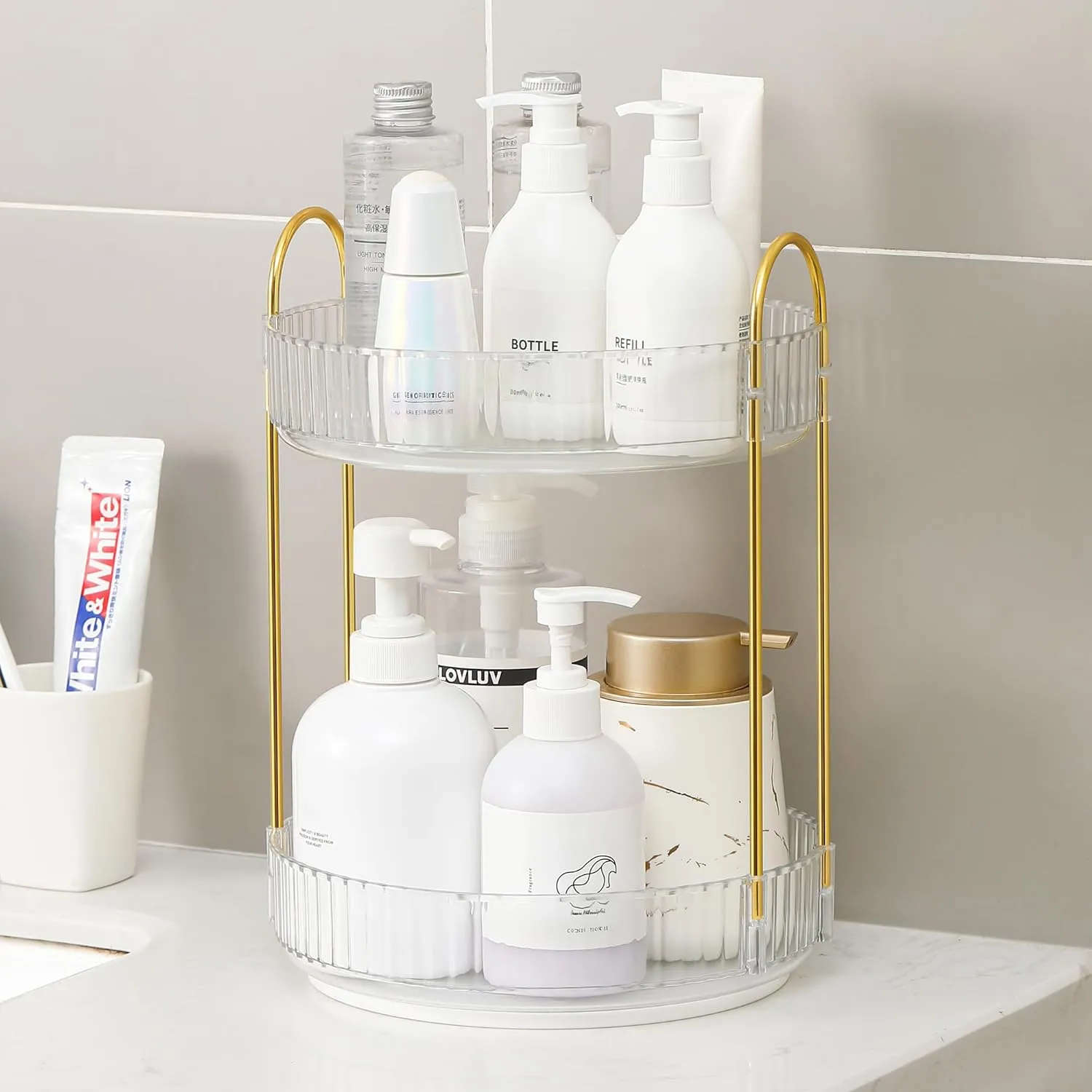 YCIA&DONE 360 Rotating Makeup Organizer and Storage for Vanity Bathroom Countertop, High Capacity Cosmetic Skincare Perfume Organizers for Dresser Lazy Susan (Clear White,2 Tiers)