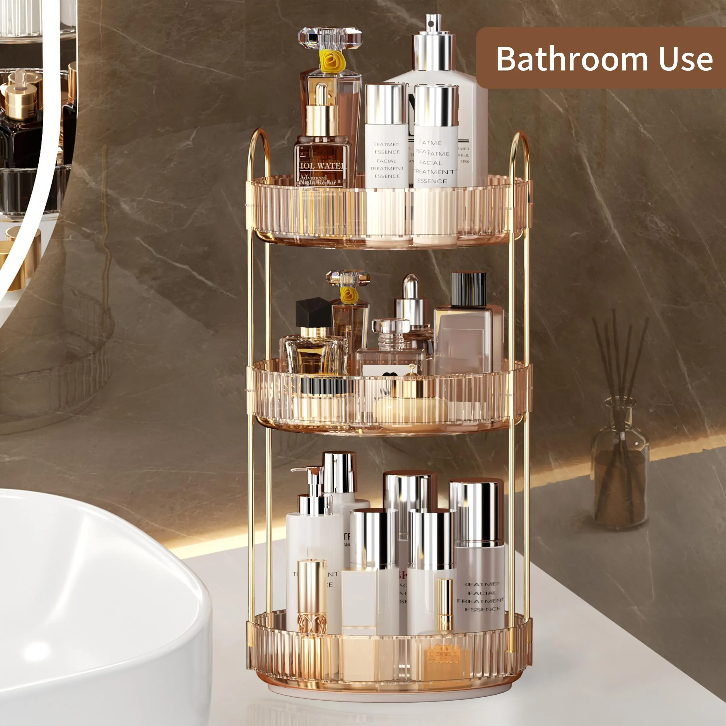 YCIA&DONE 360 Rotating Makeup Organizer and Storage for Vanity Countertop 3 Tiers, High Capacity Cosmetic Skincare Perfume Organizers for Dresser Bathroom Lazy Susan (Amber Gold)