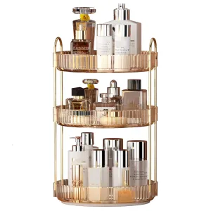 YCIA&DONE 360 Rotating Makeup Organizer and Storage for Vanity Countertop 3 Tiers, High Capacity Cosmetic Skincare Perfume Organizers for Dresser Bathroom Lazy Susan (Amber Gold)