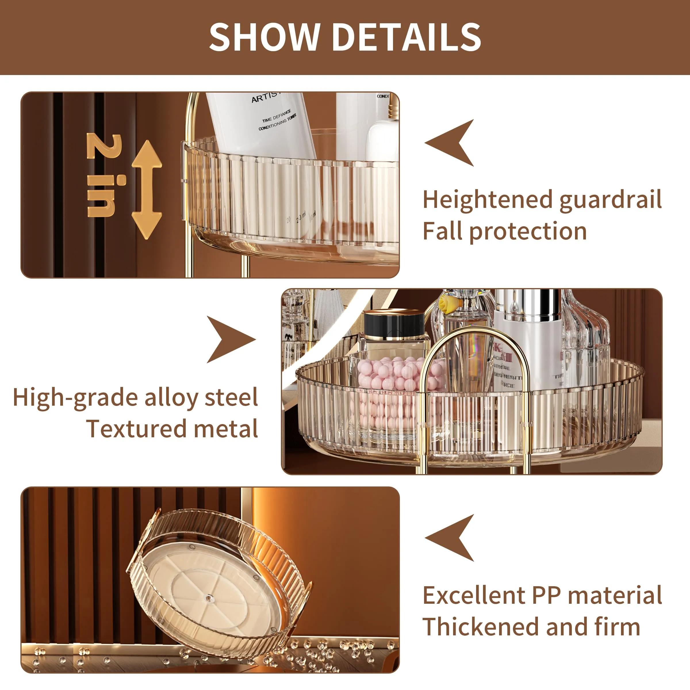 YCIA&DONE 360 Rotating Makeup Organizer and Storage for Vanity Countertop 3 Tiers, High Capacity Cosmetic Skincare Perfume Organizers for Dresser Bathroom Lazy Susan (Amber Gold)