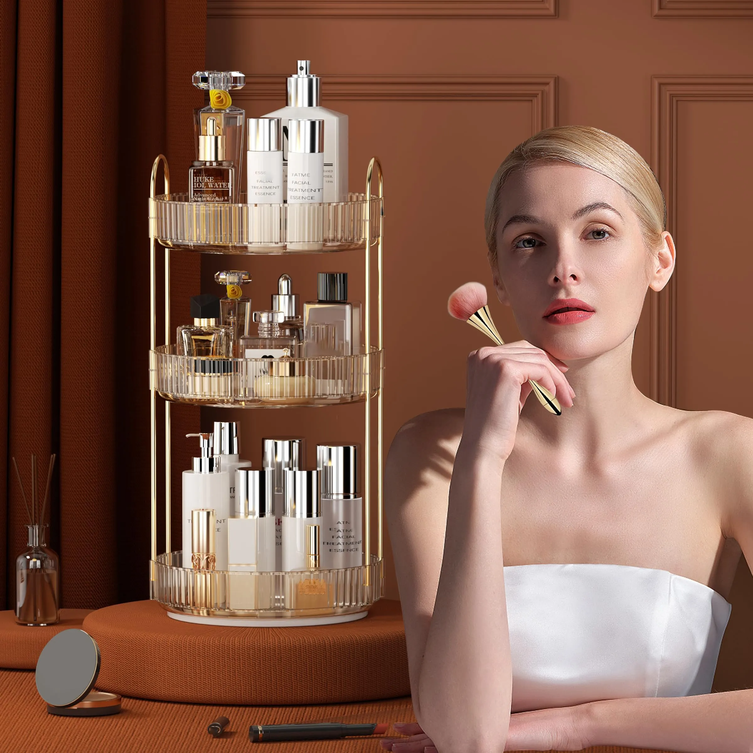 YCIA&DONE 360 Rotating Makeup Organizer and Storage for Vanity Countertop 3 Tiers, High Capacity Cosmetic Skincare Perfume Organizers for Dresser Bathroom Lazy Susan (Amber Gold)