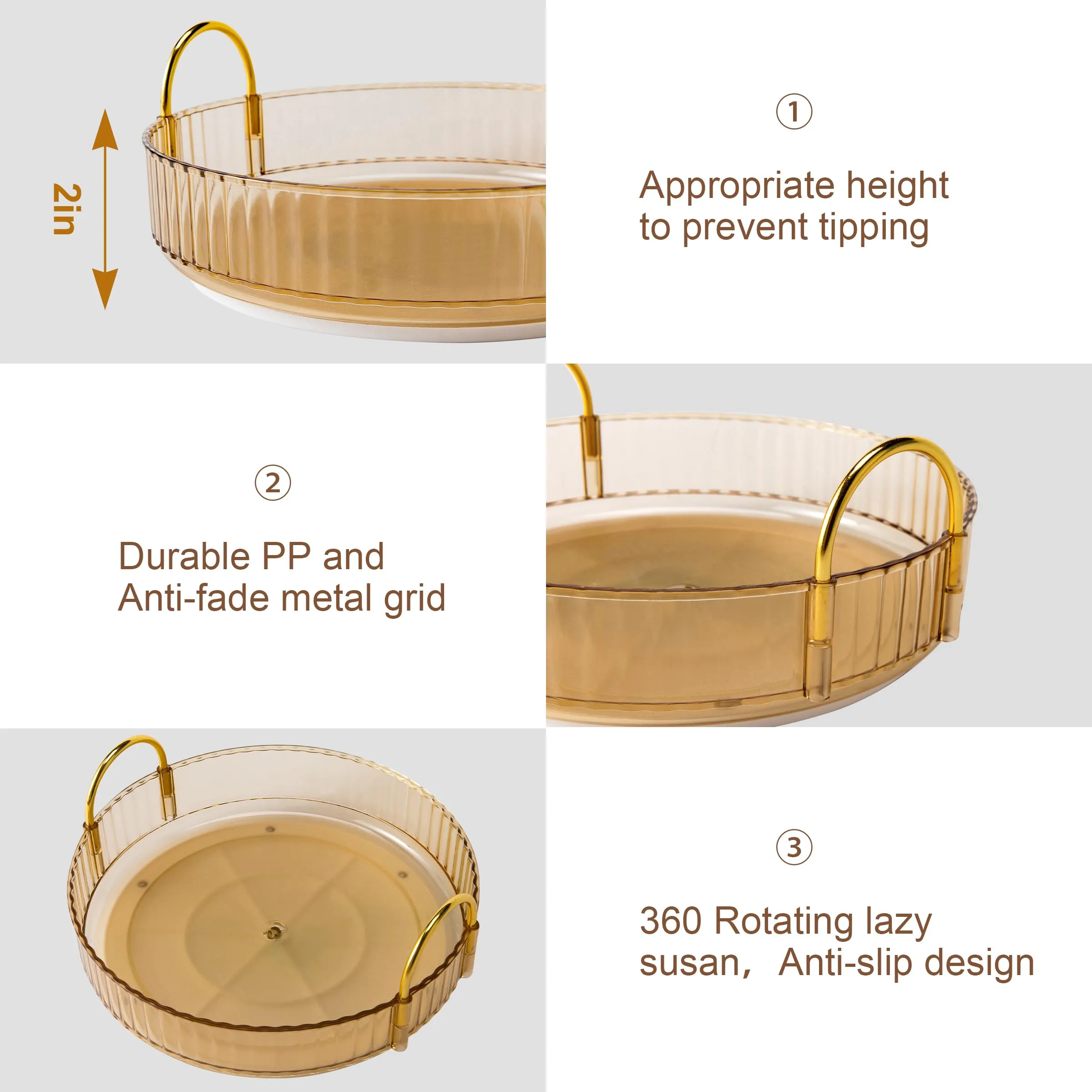 YCIA&DONE 360 Rotating Makeup Organizer and Storage for Vanity Countertop 3 Tiers, High Capacity Cosmetic Skincare Perfume Organizers for Dresser Bathroom Lazy Susan (Amber Gold)