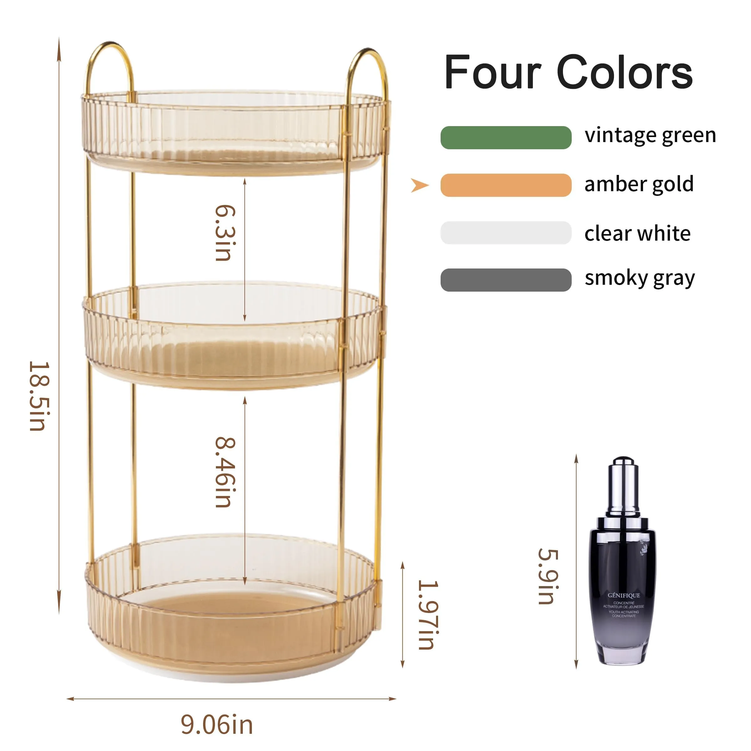 YCIA&DONE 360 Rotating Makeup Organizer and Storage for Vanity Countertop 3 Tiers, High Capacity Cosmetic Skincare Perfume Organizers for Dresser Bathroom Lazy Susan (Amber Gold)