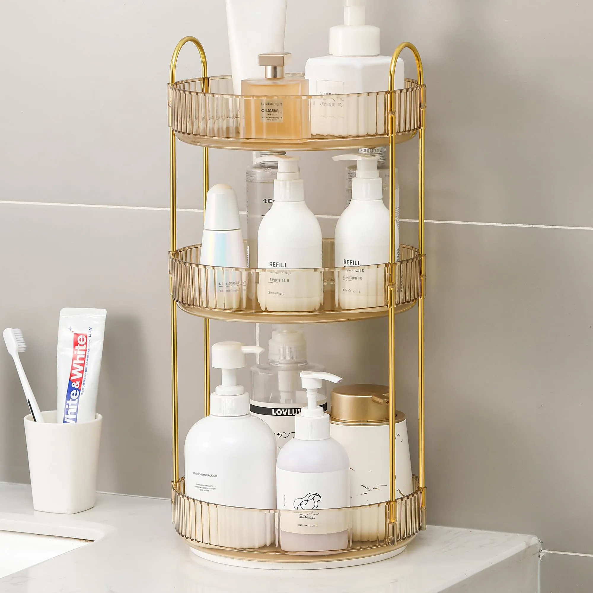 YCIA&DONE 360 Rotating Makeup Organizer and Storage for Vanity Countertop 3 Tiers, High Capacity Cosmetic Skincare Perfume Organizers for Dresser Bathroom Lazy Susan (Amber Gold)