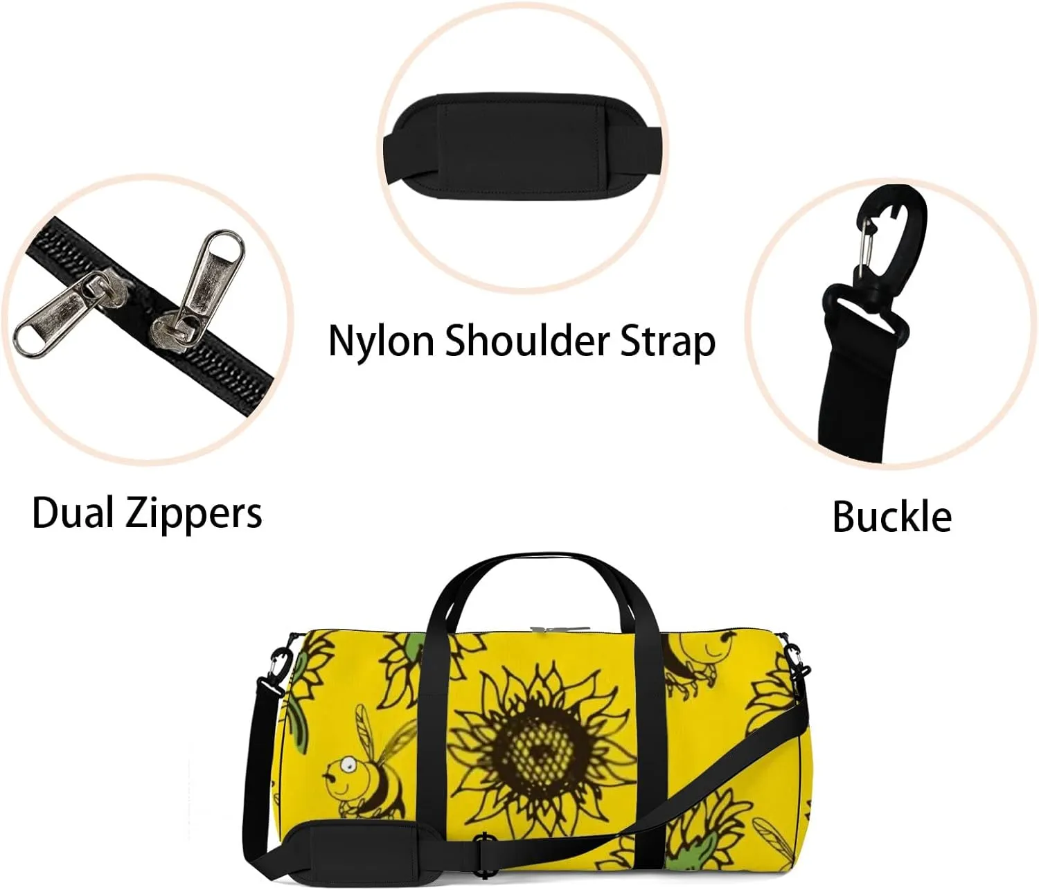 Yellow Cute Bees Collect Nectar and Sunflower Sports Bag Tote Bag Waterproof Gym Bag with Shoulder Strap Zipper 2 Side Pockets for Men and Women, Travel and Storage Shoulder Bag.