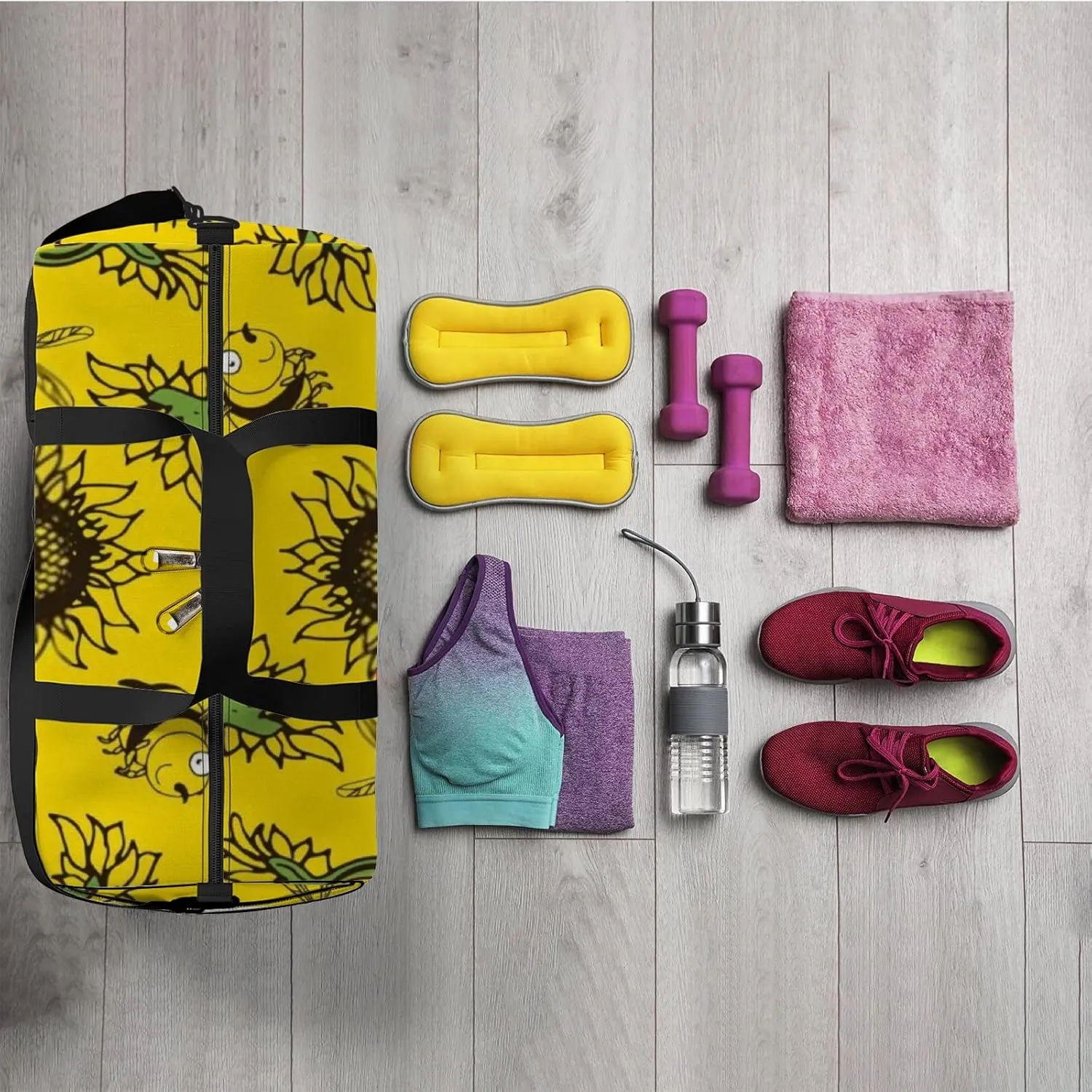 Yellow Cute Bees Collect Nectar and Sunflower Sports Bag Tote Bag Waterproof Gym Bag with Shoulder Strap Zipper 2 Side Pockets for Men and Women, Travel and Storage Shoulder Bag.