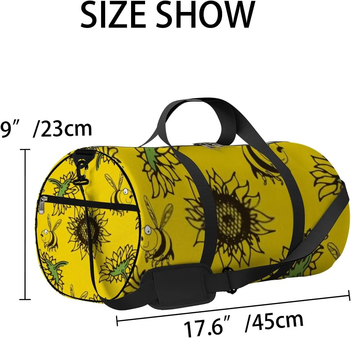 Yellow Cute Bees Collect Nectar and Sunflower Sports Bag Tote Bag Waterproof Gym Bag with Shoulder Strap Zipper 2 Side Pockets for Men and Women, Travel and Storage Shoulder Bag.