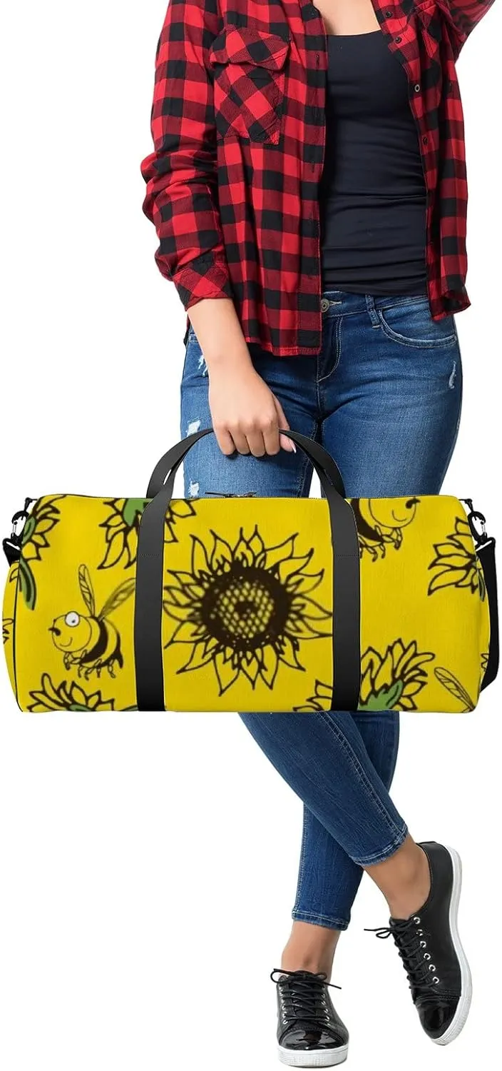 Yellow Cute Bees Collect Nectar and Sunflower Sports Bag Tote Bag Waterproof Gym Bag with Shoulder Strap Zipper 2 Side Pockets for Men and Women, Travel and Storage Shoulder Bag.