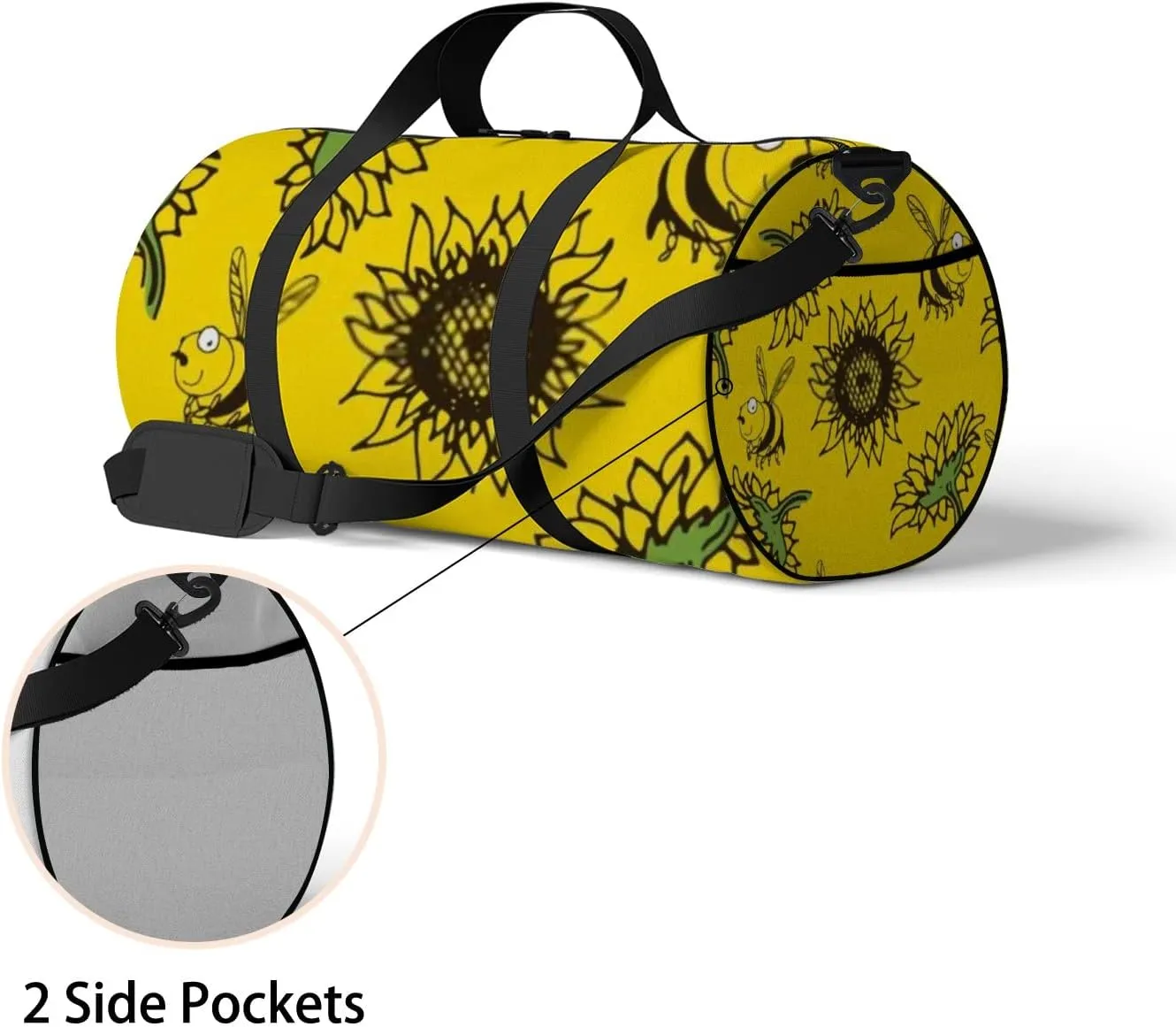 Yellow Cute Bees Collect Nectar and Sunflower Sports Bag Tote Bag Waterproof Gym Bag with Shoulder Strap Zipper 2 Side Pockets for Men and Women, Travel and Storage Shoulder Bag.