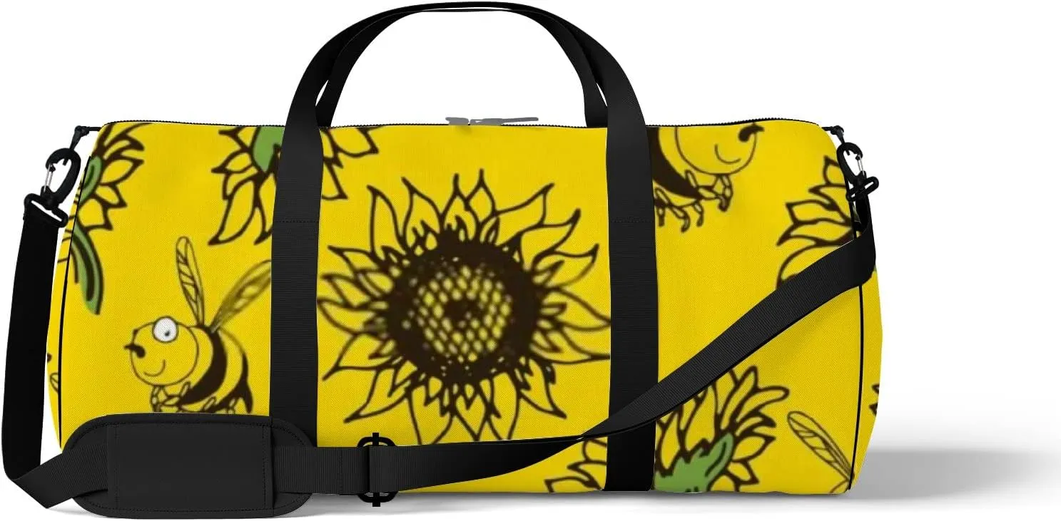 Yellow Cute Bees Collect Nectar and Sunflower Sports Bag Tote Bag Waterproof Gym Bag with Shoulder Strap Zipper 2 Side Pockets for Men and Women, Travel and Storage Shoulder Bag.