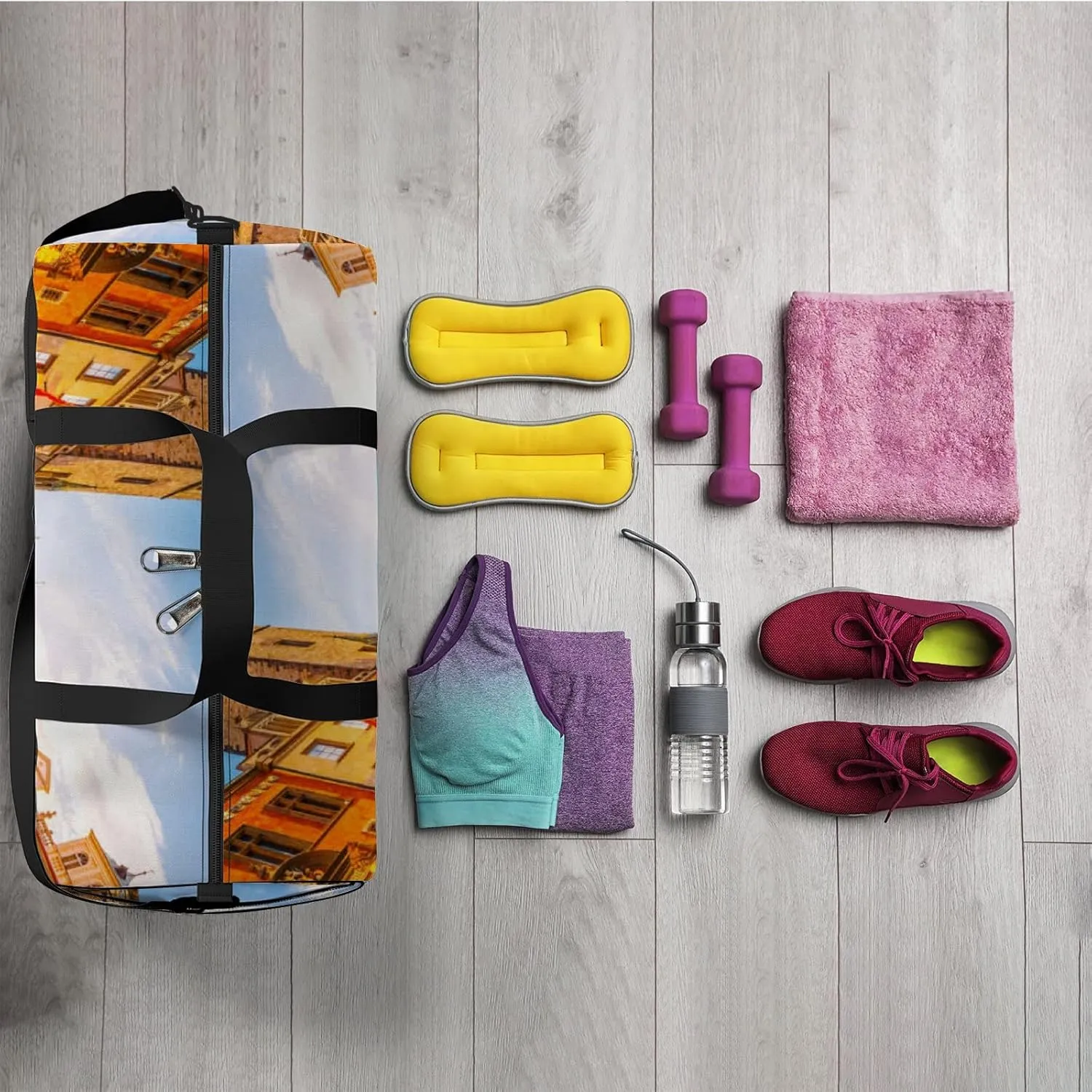 Yellow Fantastic View Town Hall Temple Sports Bag Tote Bag Waterproof Gym Bag with Shoulder Strap Zipper 2 Side Pockets for Men and Women, Travel and Storage Shoulder Bag.