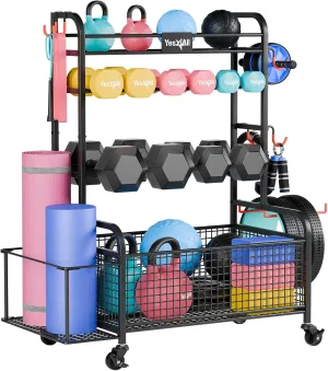 Yes4All Dumbbell Rack, Weight Rack for Home Gym, Sports Equipment Organizer for Dumbbells Kettlebells Yoga Mat Foam Roller and Balls, All in One Gym Workout Storage with Wheels and Hooks