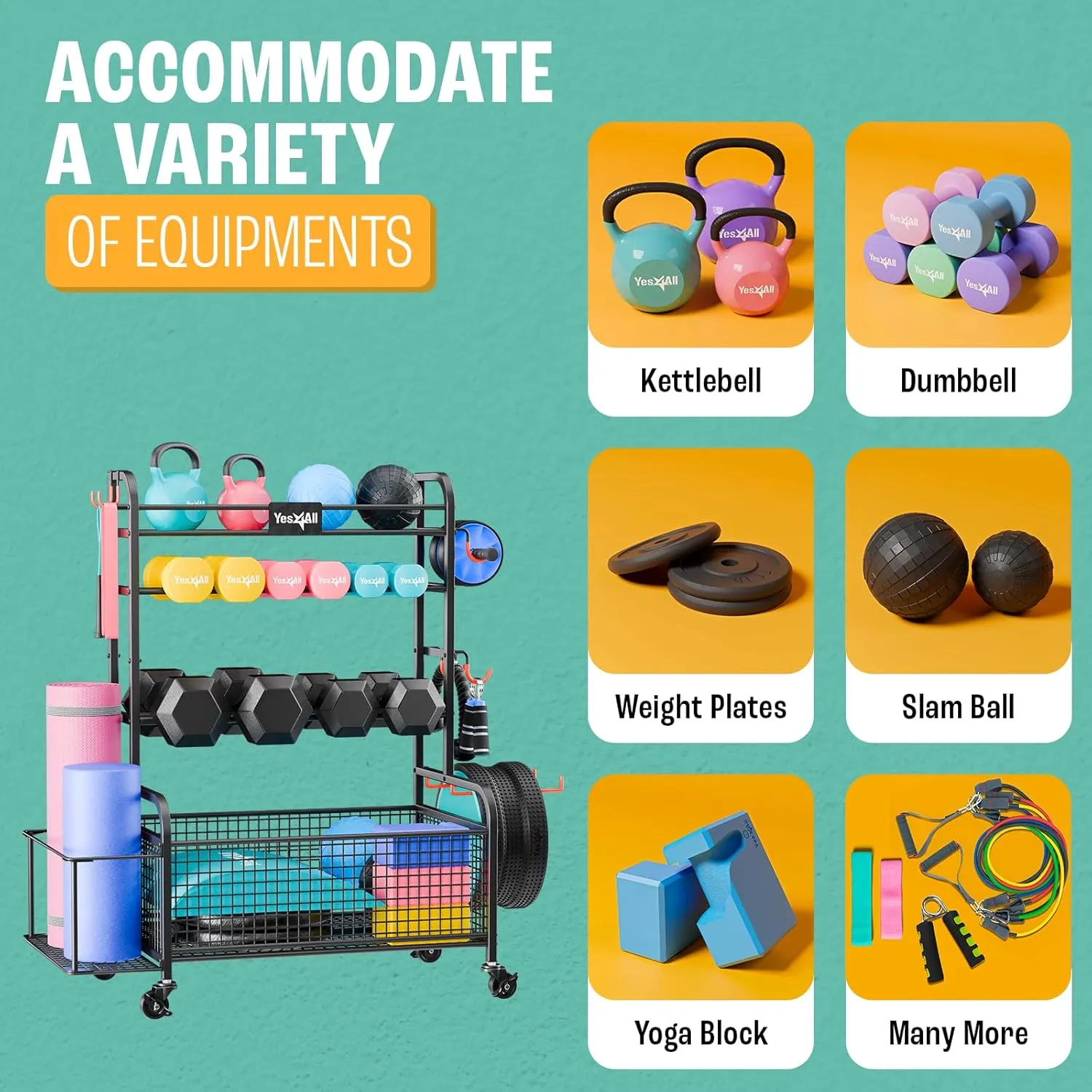 Yes4All Dumbbell Rack, Weight Rack for Home Gym, Sports Equipment Organizer for Dumbbells Kettlebells Yoga Mat Foam Roller and Balls, All in One Gym Workout Storage with Wheels and Hooks