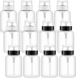 Yungyan 12 Pcs Pump Dispenser Bottle for Nail Polish 6.8 oz Push Down Pump Dispenser Empty Lockable Alcohol Bottles Containers for Makeup Remover, Alcohol, Acetone, Liquid, Travel, Black White Top Cap