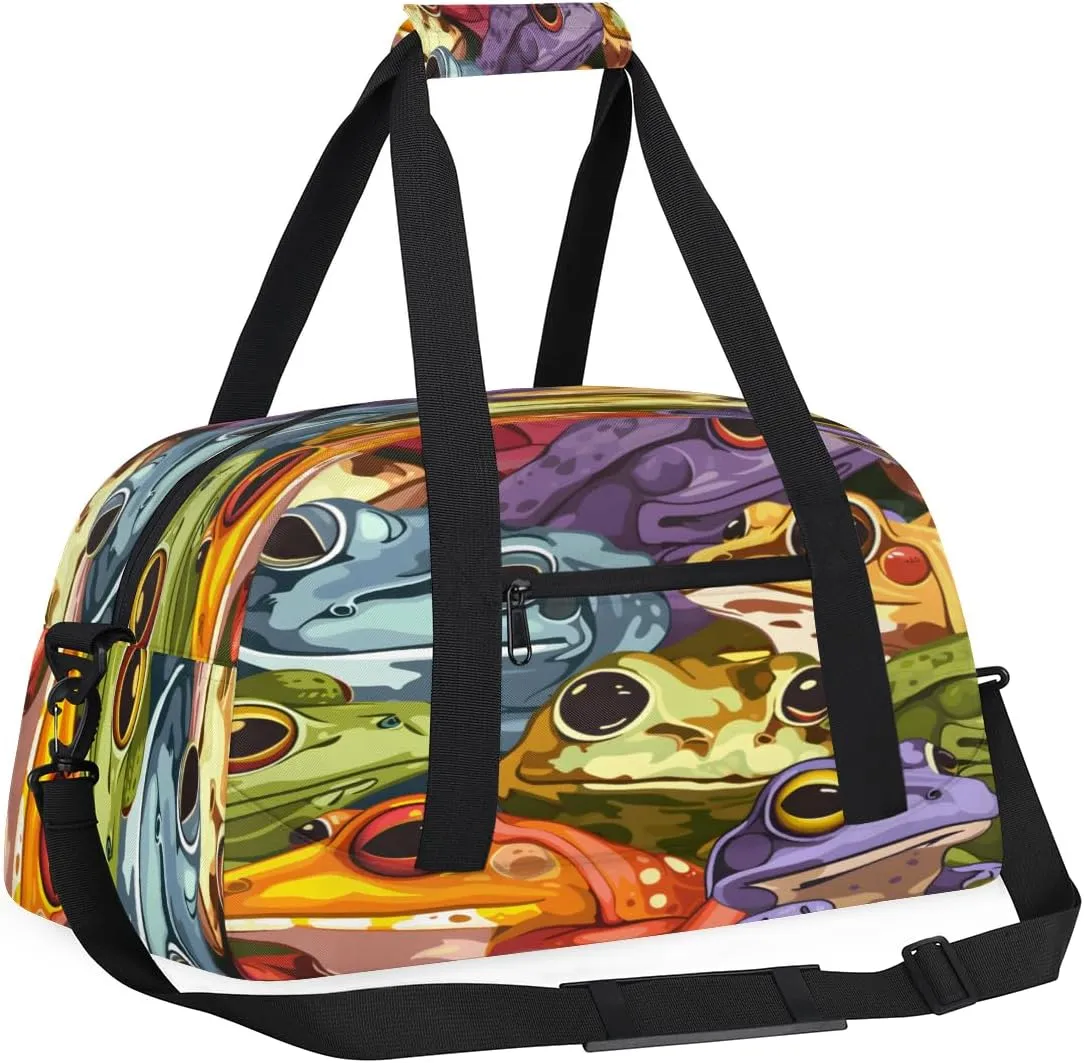 Yzrwebo Colourful Frog Kids Gym Sport Bag for Boys Girls, Funny Frogs Travel Duffle Bag Gymnastics Dance Bag Teen Weekender Overnight Carry on Tote Bags