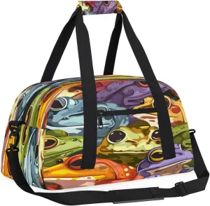 Yzrwebo Colourful Frog Kids Gym Sport Bag for Boys Girls, Funny Frogs Travel Duffle Bag Gymnastics Dance Bag Teen Weekender Overnight Carry on Tote Bags