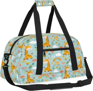 Yzrwebo Giraffe Kids Gym Sport Bag for Boys Girls, Rainbow Flower Cyan Travel Duffle Bag Gymnastics Dance Bag Teen Weekender Overnight Carry on Tote Bags