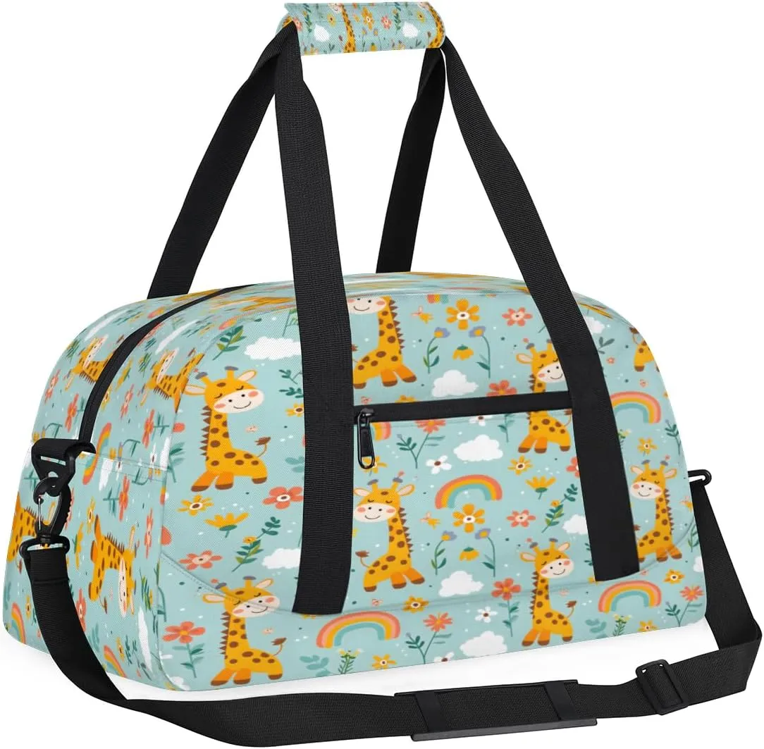 Yzrwebo Giraffe Kids Gym Sport Bag for Boys Girls, Rainbow Flower Cyan Travel Duffle Bag Gymnastics Dance Bag Teen Weekender Overnight Carry on Tote Bags