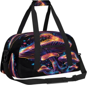 Yzrwebo Glowing Mushroom Kids Gym Sport Bag for Boys Girls, Mystical Mushrooms Travel Duffle Bag Gymnastics Dance Bag Teen Weekender Overnight Carry on Tote Bags