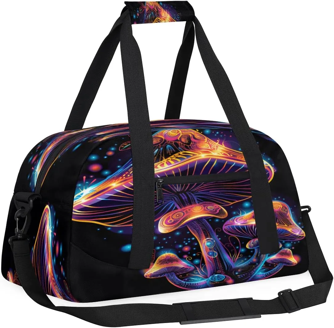 Yzrwebo Glowing Mushroom Kids Gym Sport Bag for Boys Girls, Mystical Mushrooms Travel Duffle Bag Gymnastics Dance Bag Teen Weekender Overnight Carry on Tote Bags